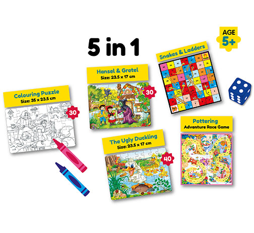 5-in-1 Play Pack for Kids – Jigsaw Puzzles, Coloring Puzzle, Snakes & Ladders & Pottering Board Game Set