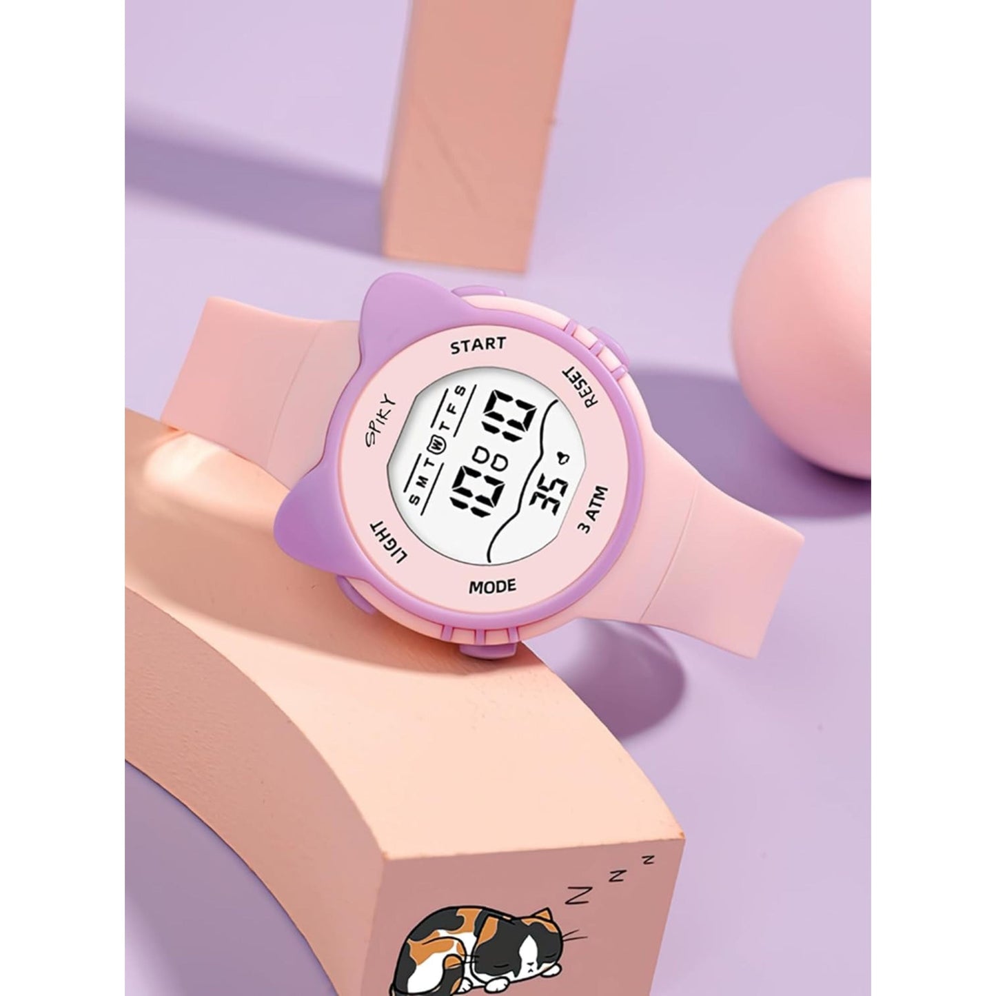 Round Pink Multi Functional Digital Watches Unique Design Pattern Strap