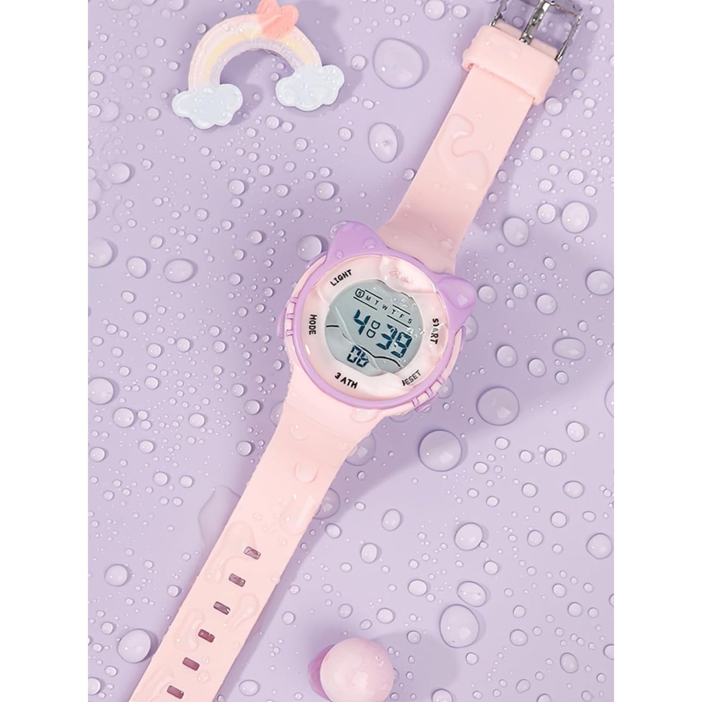 Round Pink Multi Functional Digital Watches Unique Design Pattern Strap
