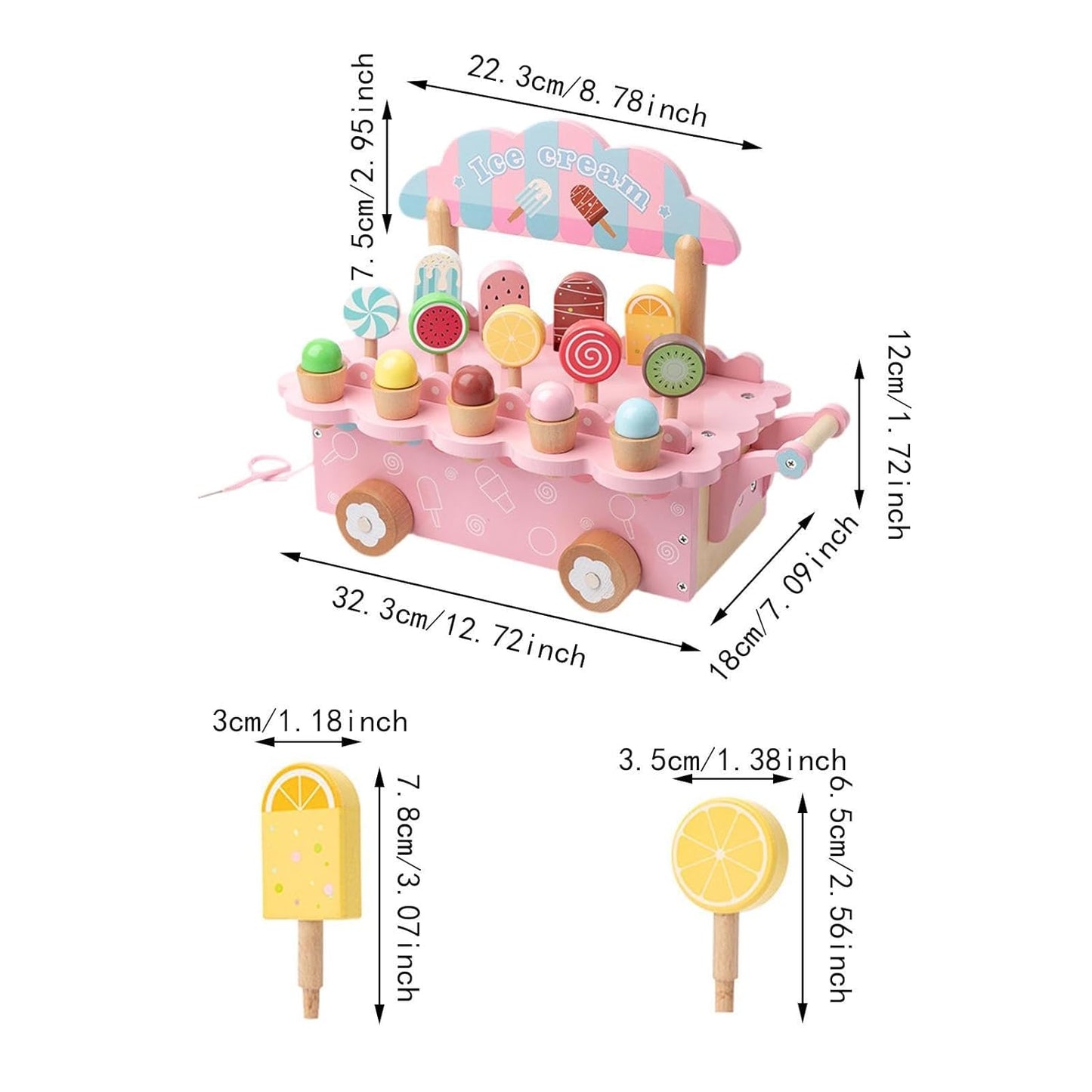 Wooden Ice Cream Cart Pretend Play Set – Educational Toy for Kids Ages 3–8 | Learning Toy