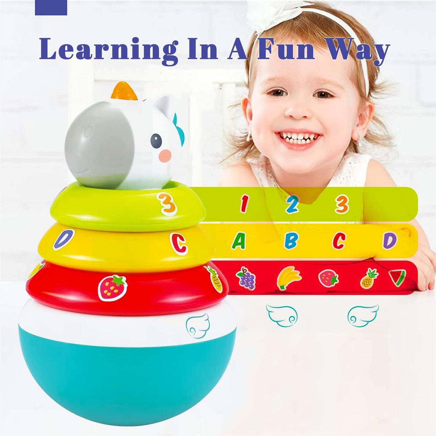 Baby Unicorn Stacking Rings Toys Mini Rainbow Montessori Roly Poly Toy