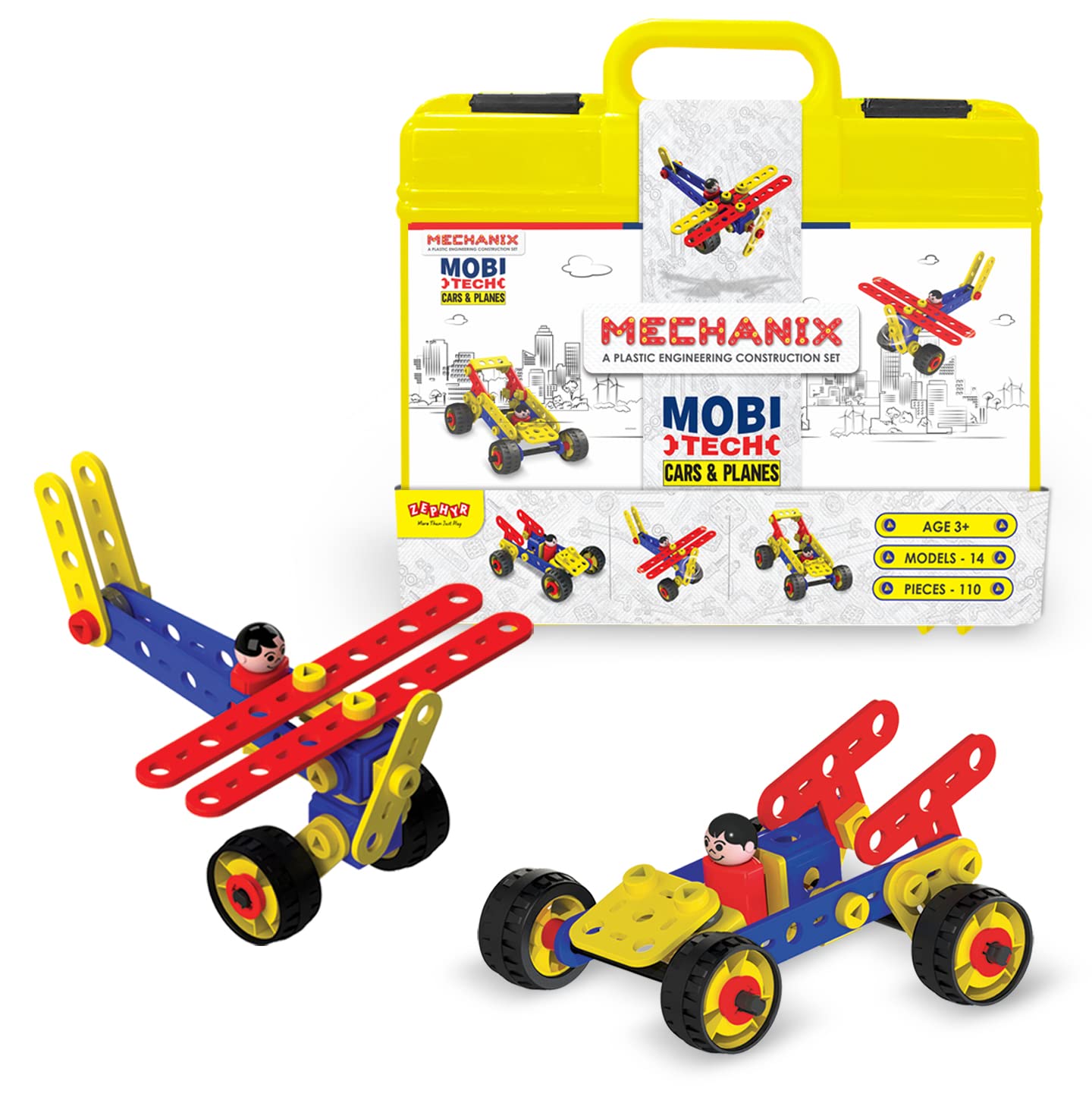 Plastic Engineering Kit for Kids – 110-Piece STEM Building Toy to Create 14 Cars & Planes Models (Ages 3+)