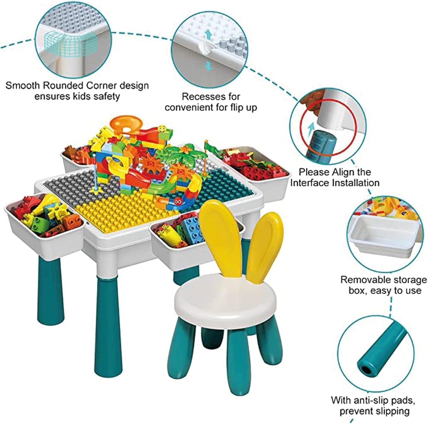 Building Blocks Table, Convertible Toddler Study Table and Chairs Set with Blocks