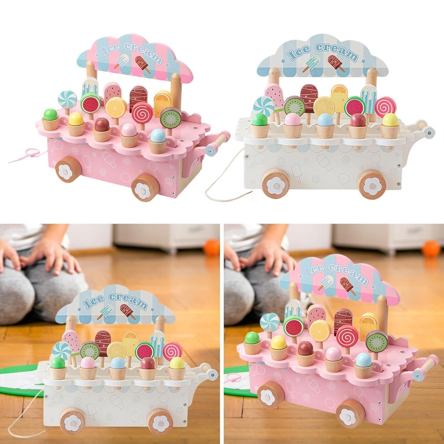 Wooden Ice Cream Cart Pretend Play Set – Educational Toy for Kids Ages 3–8 | Learning Toy