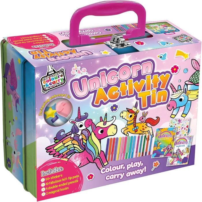 Activity Tin for Kids – 50+ Stickers, 10 Markers, Colouring Books & Pencils – Travel-Friendly Art & Craft Set for Ages 3+