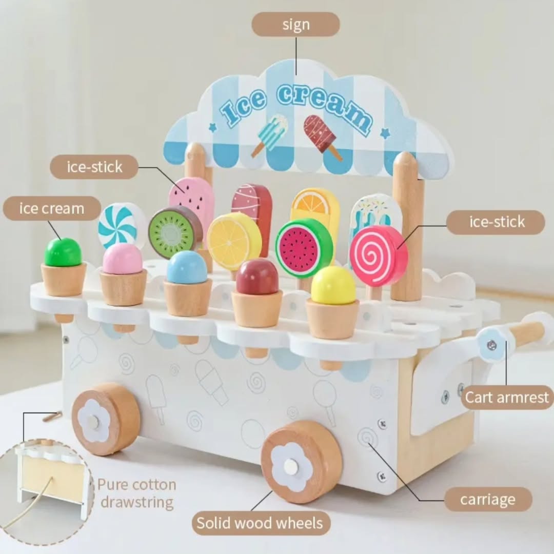 Wooden Ice Cream Cart Pretend Play Set – Educational Toy for Kids Ages 3–8 | Learning Toy