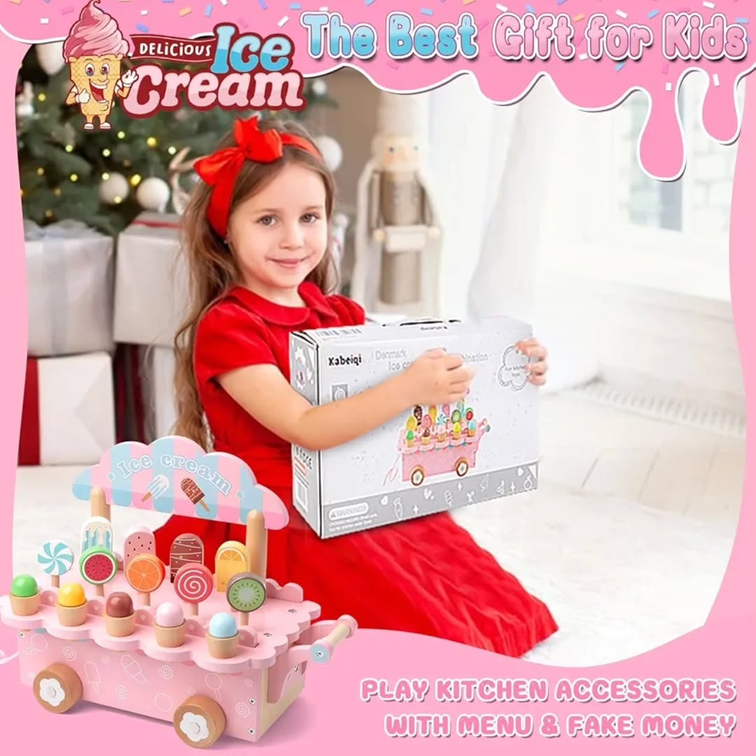 Wooden Ice Cream Cart Pretend Play Set – Educational Toy for Kids Ages 3–8 | Learning Toy