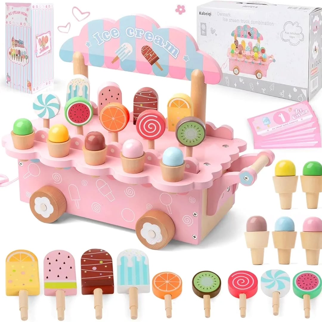 Wooden Ice Cream Cart Pretend Play Set – Educational Toy for Kids Ages 3–8 | Learning Toy
