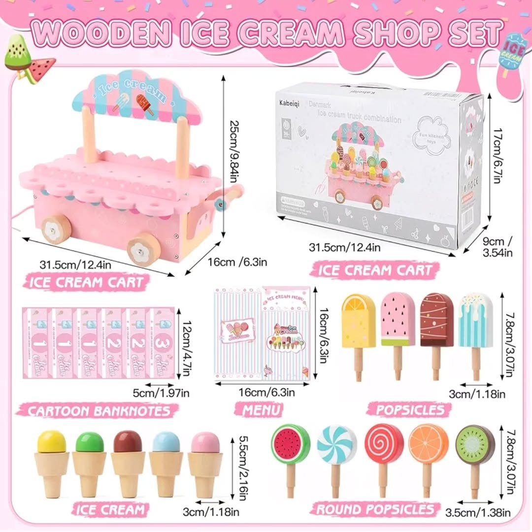 Wooden Ice Cream Cart Pretend Play Set – Educational Toy for Kids Ages 3–8 | Learning Toy