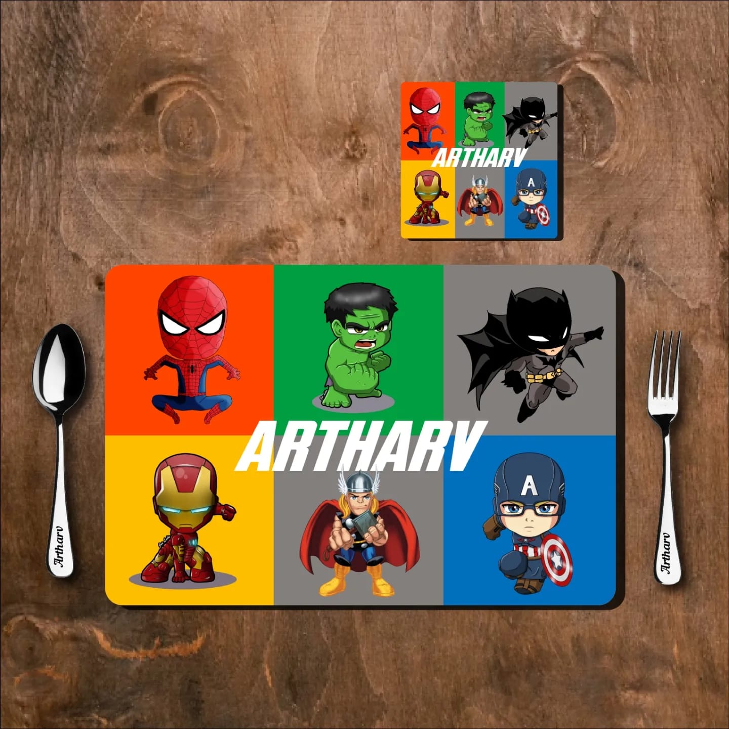 Personalized Kids Table Mat with Spoon & Lamp Fork Set