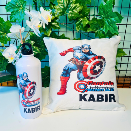 Personalised Captain America Cushion and Bottle Set