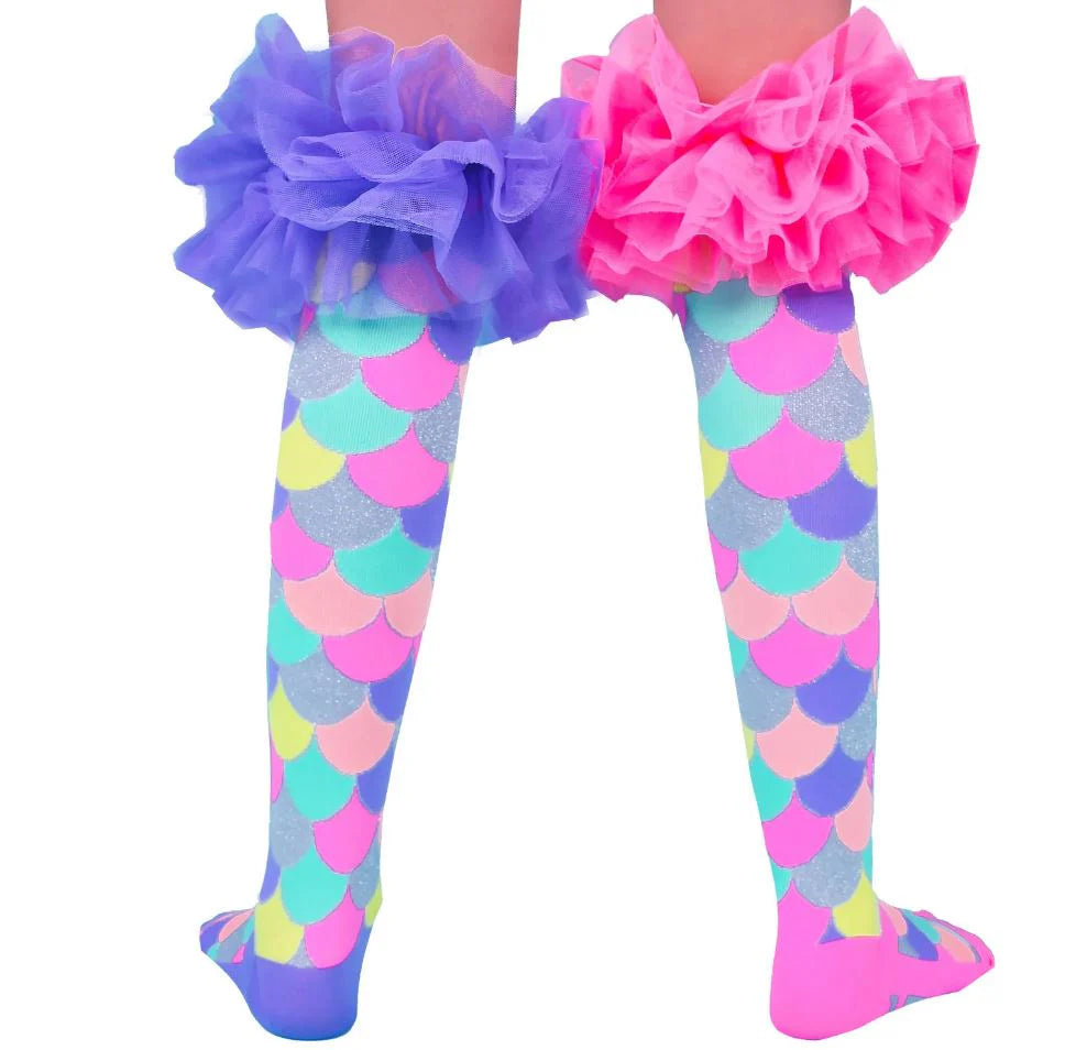 Mermaid Knee-High Socks with Ruffle Tulle, Colorful Glitter