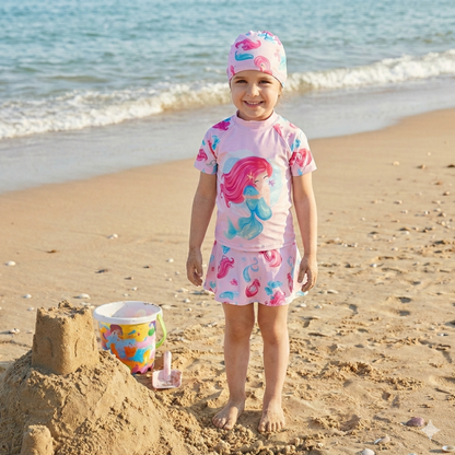 2pcs Pink Tide Mermaid Swim Set with Cap