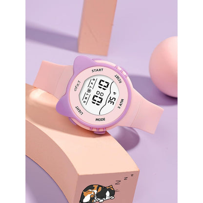 Round Pink Multi Functional Digital Watches Unique Design Pattern Strap