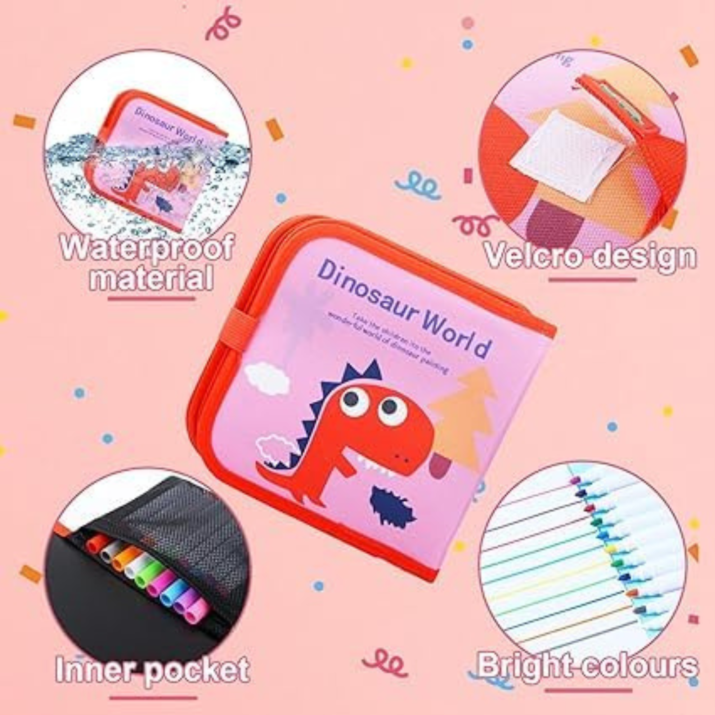 Dinosaur Drawing Board for Kids – Reusable Pages with 12 Colored Pens