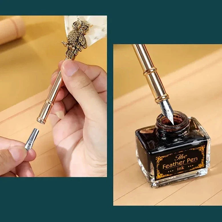 Owl Pattern Exquisite Feather Pen Ink Set for Gift