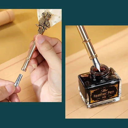 Owl Pattern Exquisite Feather Pen Ink Set for Gift