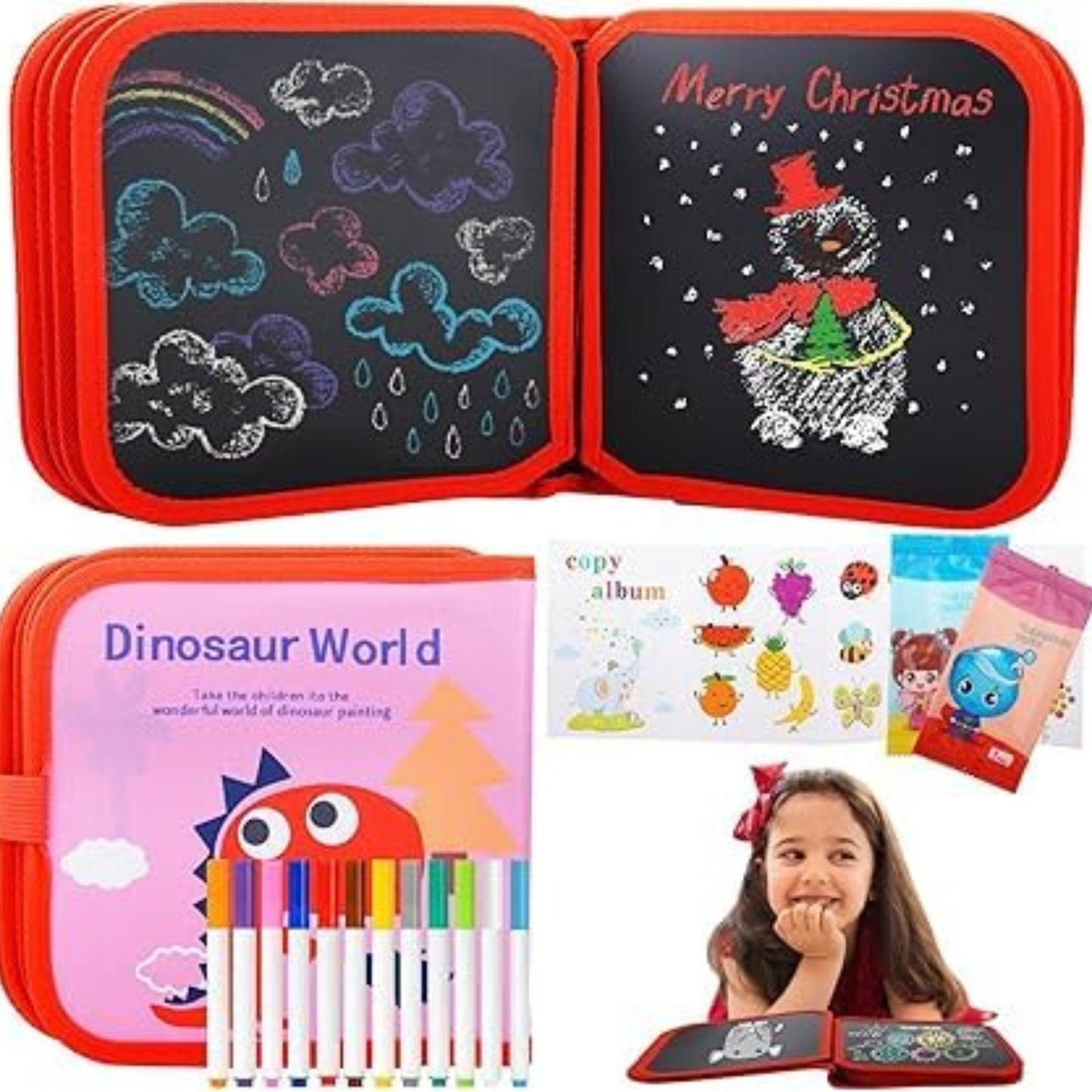 Dinosaur Drawing Board for Kids – Reusable Pages with 12 Colored Pens