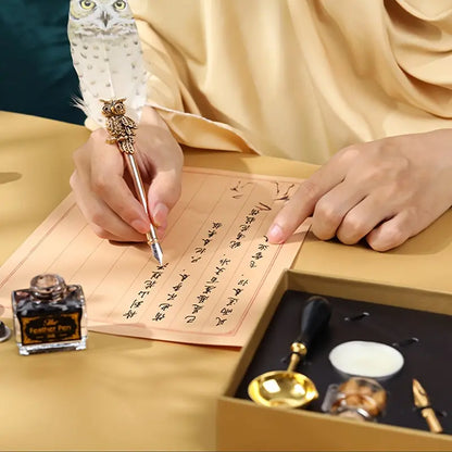 Owl Pattern Exquisite Feather Pen Ink Set for Gift