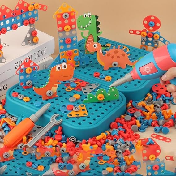 Electric Drill Mosaic Puzzle Kit –  STEM Building Set for Kids | 3D Construction Toy with Battery-Operated Drill | Educational Gift for Boys & Girls Ages 3–8