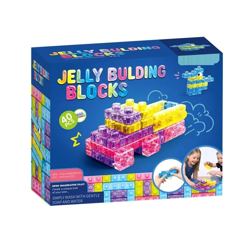 Soft Jelly Building Blocks for Kids, Flexible Translucent Interlocking Toy Bricks