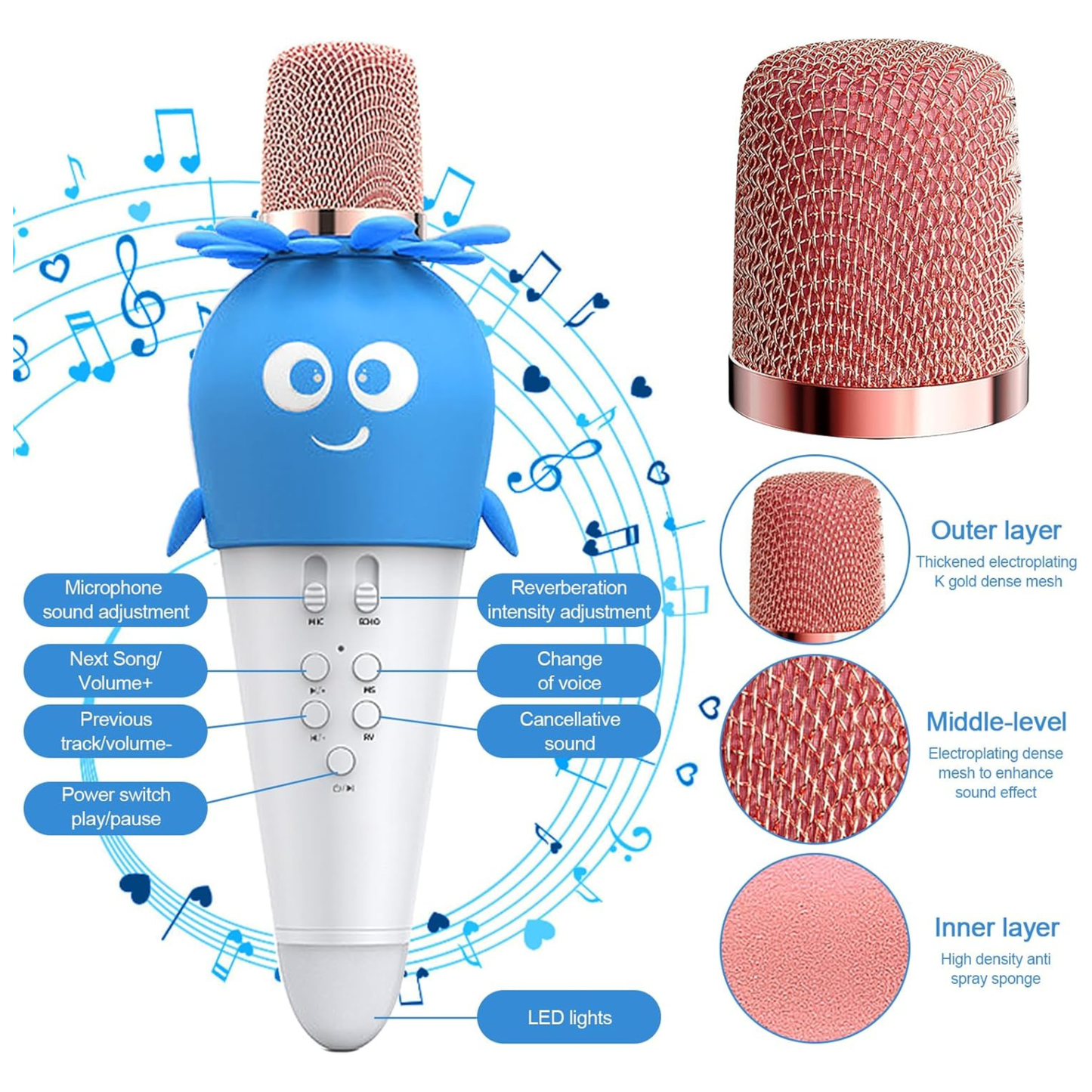 Wireless Bluetooth Microphone Handheld with LED Lights