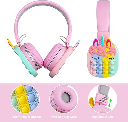🦄 Kids Bluetooth Headphones – Safe Volume, Pop It Headband, Wireless & Wired