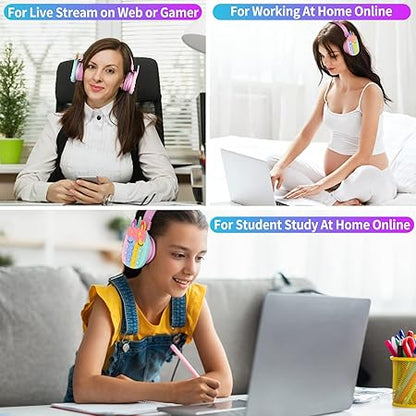 🦄 Kids Bluetooth Headphones – Safe Volume, Pop It Headband, Wireless & Wired