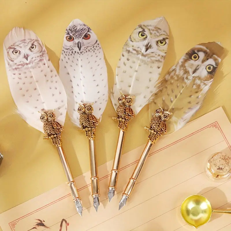 Owl Pattern Exquisite Feather Pen Ink Set for Gift