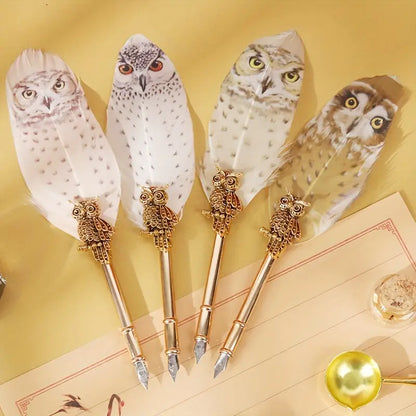 Owl Pattern Exquisite Feather Pen Ink Set for Gift