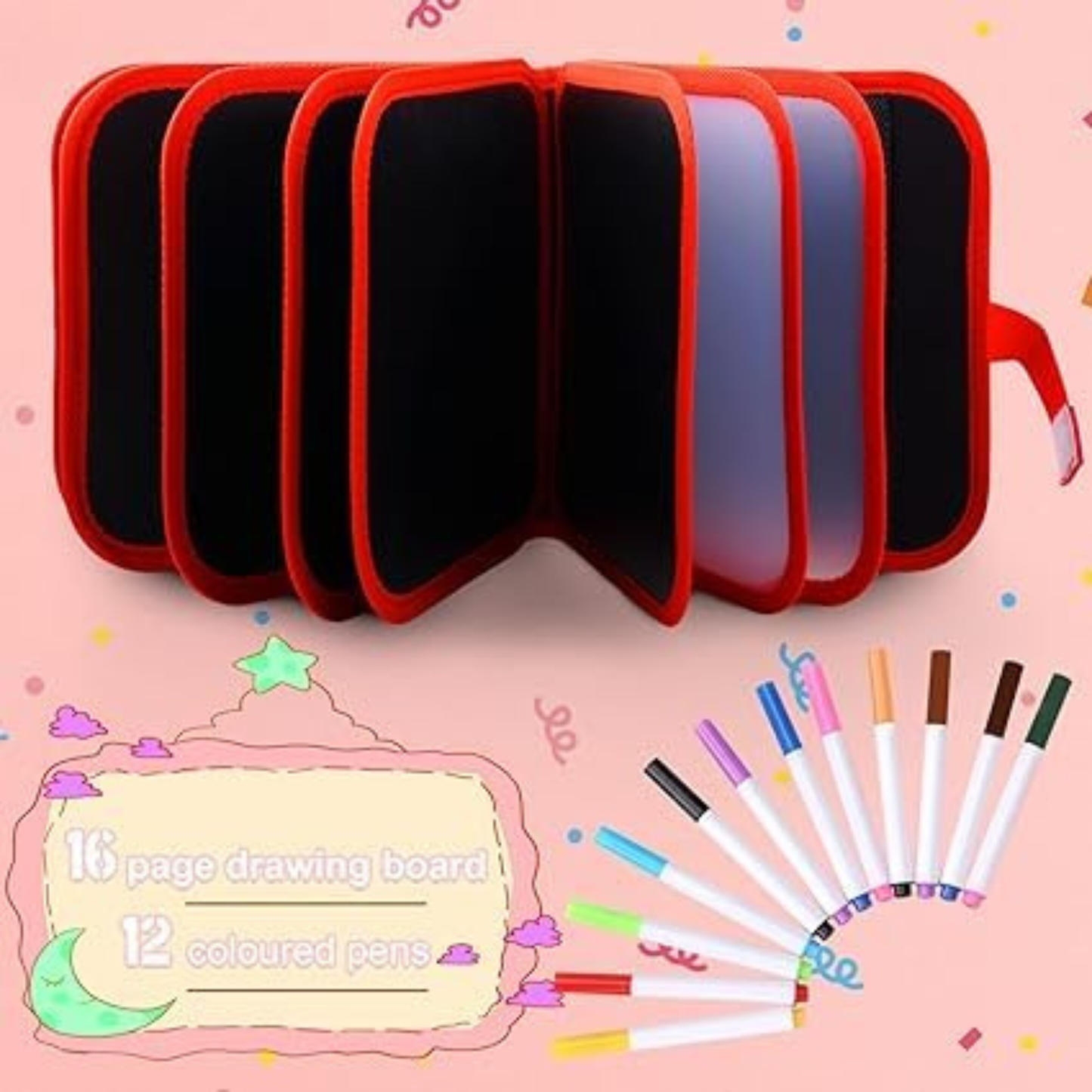 Dinosaur Drawing Board for Kids – Reusable Pages with 12 Colored Pens