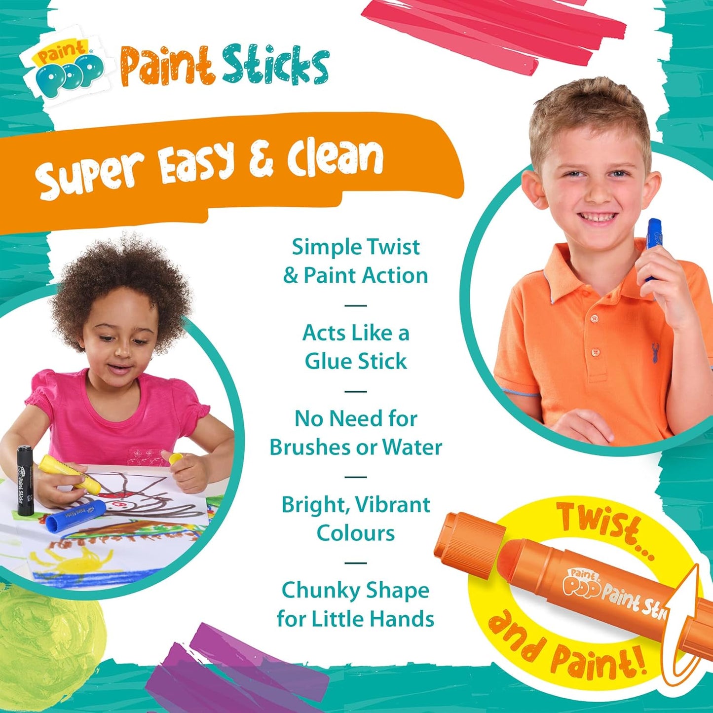 Paint Sticks For Kids - 12 Pack Assorted Colours - Twist & Paint