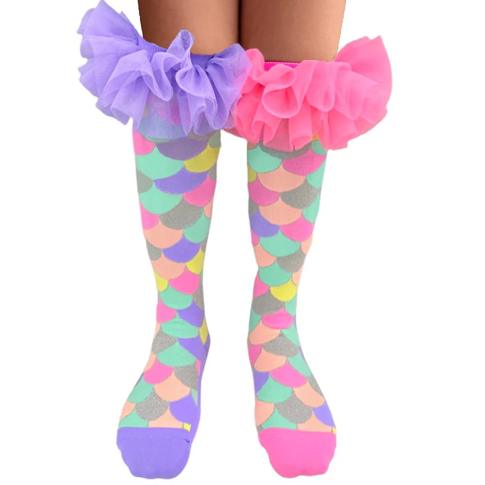 Mermaid Knee-High Socks with Ruffle Tulle, Colorful Glitter