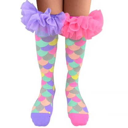 Mermaid Knee-High Socks with Ruffle Tulle, Colorful Glitter