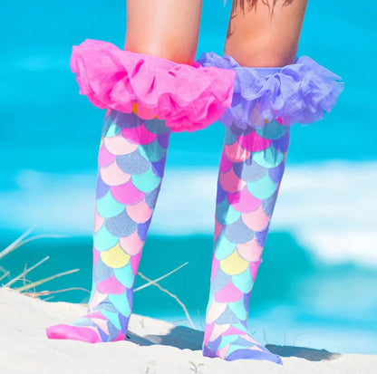 Mermaid Knee-High Socks with Ruffle Tulle, Colorful Glitter