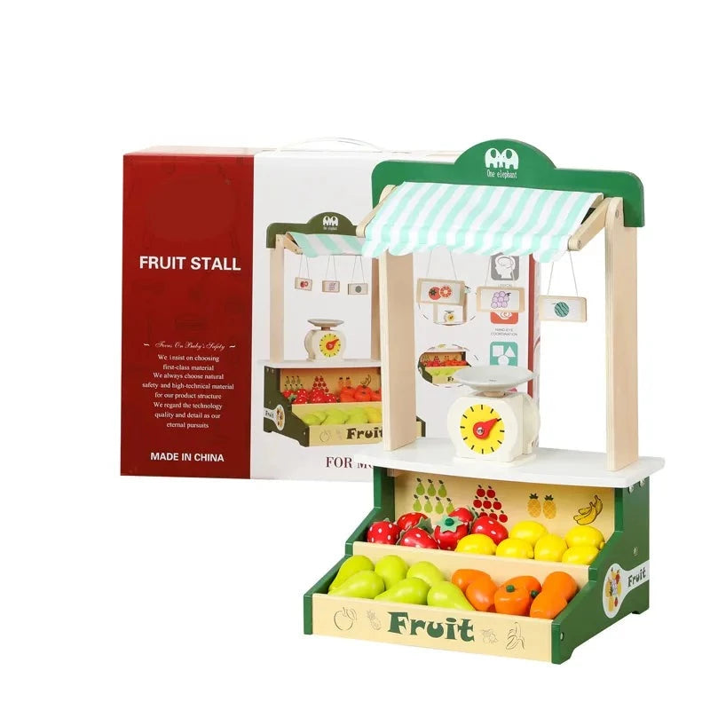 Wooden Fruit Stall Set Shopping Cart Fruit Market Stand Toy