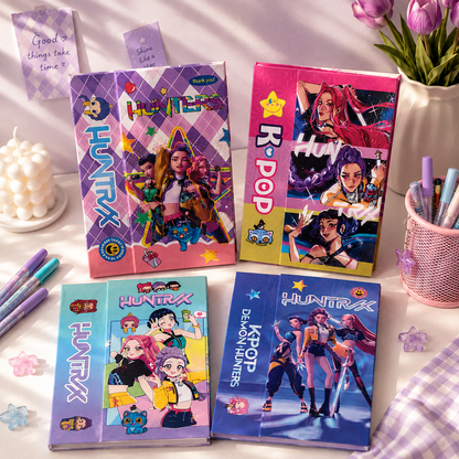 Four colorful HUNTRX-themed stationery or notebook boxes arranged on a tabletop with decorative props including flowers, a candle, and a pen cup.