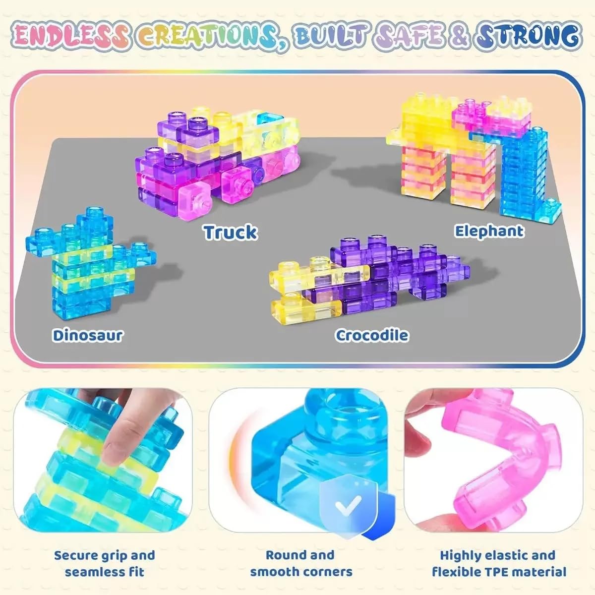 Soft Jelly Building Blocks for Kids, Flexible Translucent Interlocking Toy Bricks