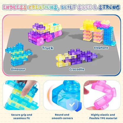 Soft Jelly Building Blocks for Kids, Flexible Translucent Interlocking Toy Bricks