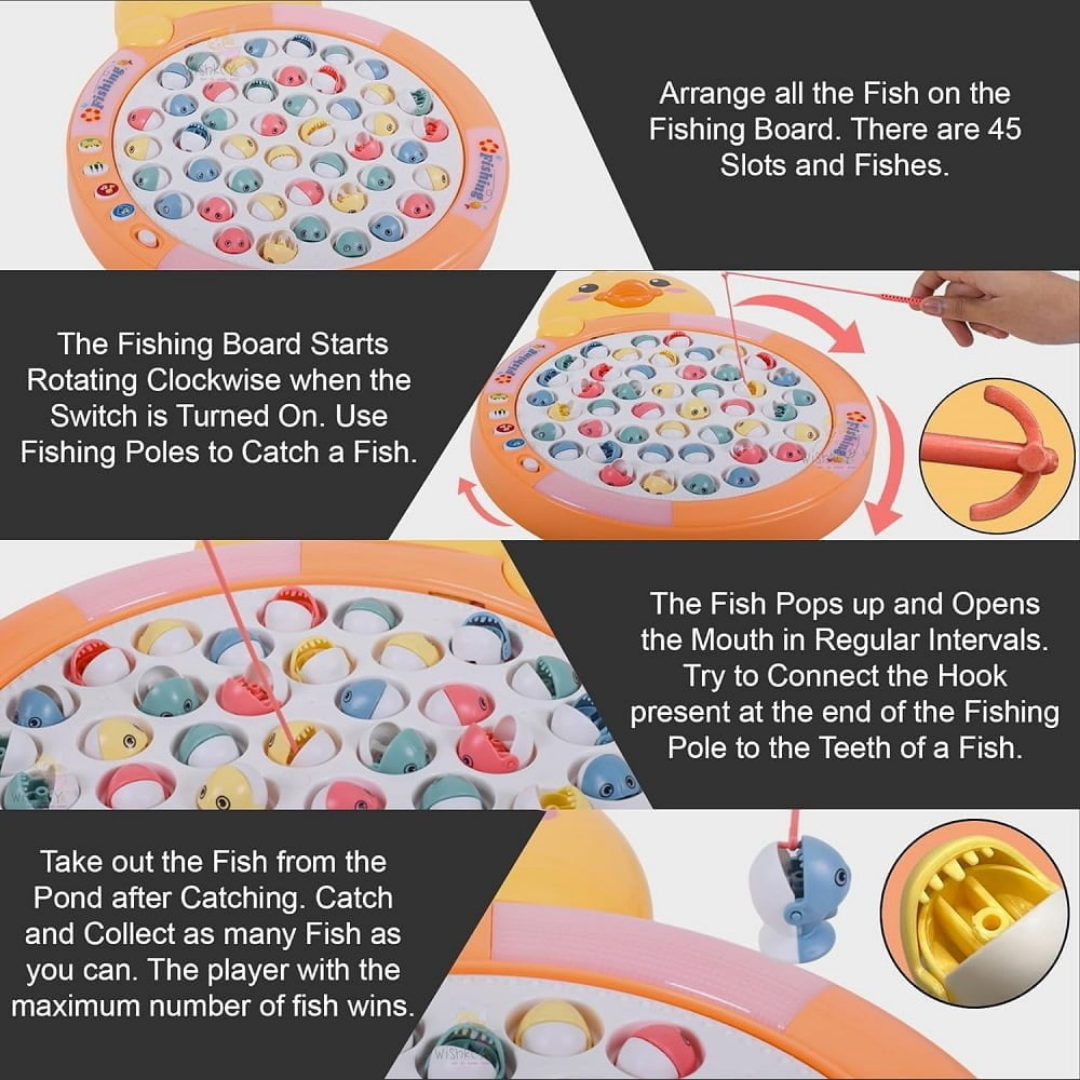 Magnetic Fishing Game for Kids – 45 Colorful Fish, 4 Poles, Music & Lights
