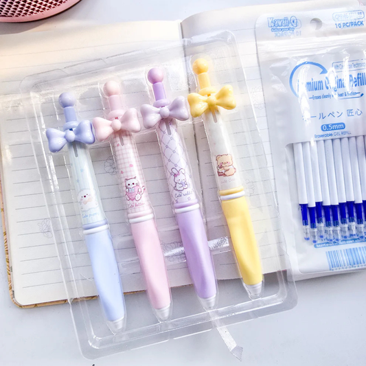 Kawaii Bear Bow Erasable Ink Gel Pens Set | 4Pcs