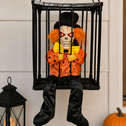 Animated Hanging Skeleton Cage – Evil Jester