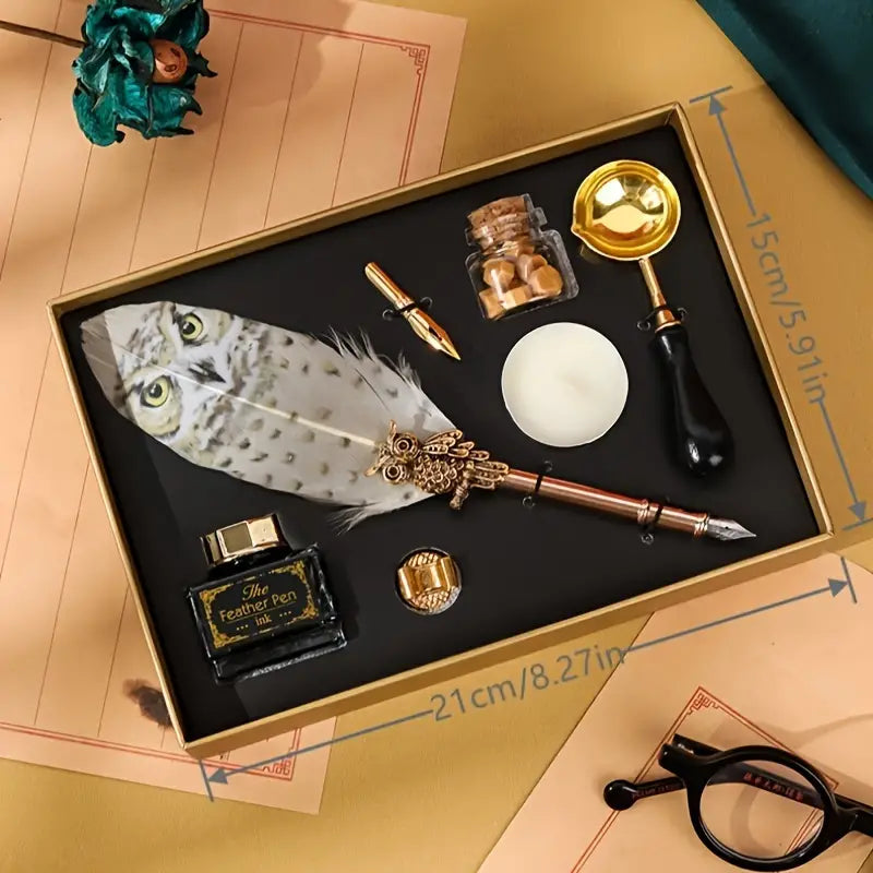 Owl Pattern Exquisite Feather Pen Ink Set for Gift