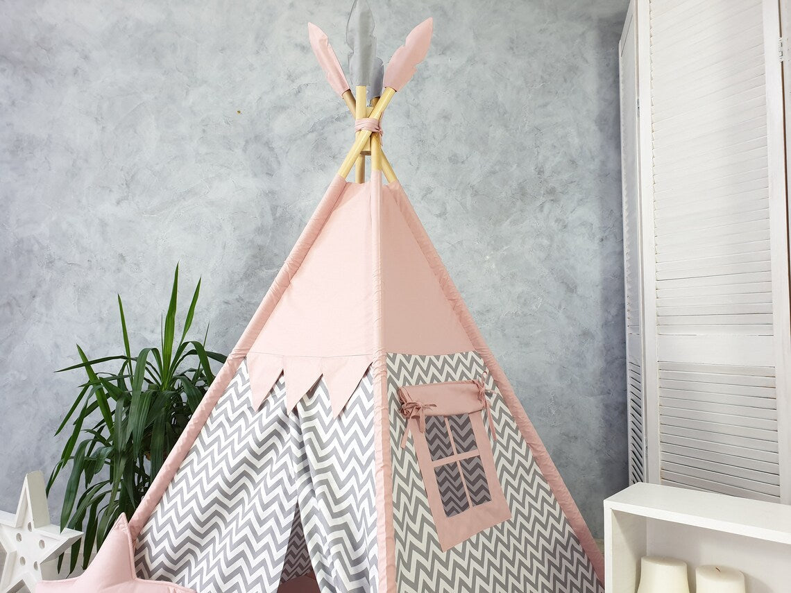 Pink and Gray Teepee Tent for Kids