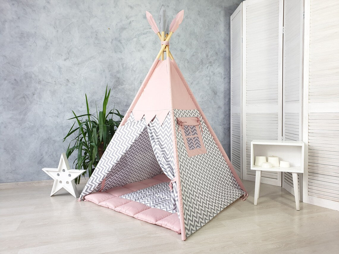 Pink and Gray Teepee Tent for Kids
